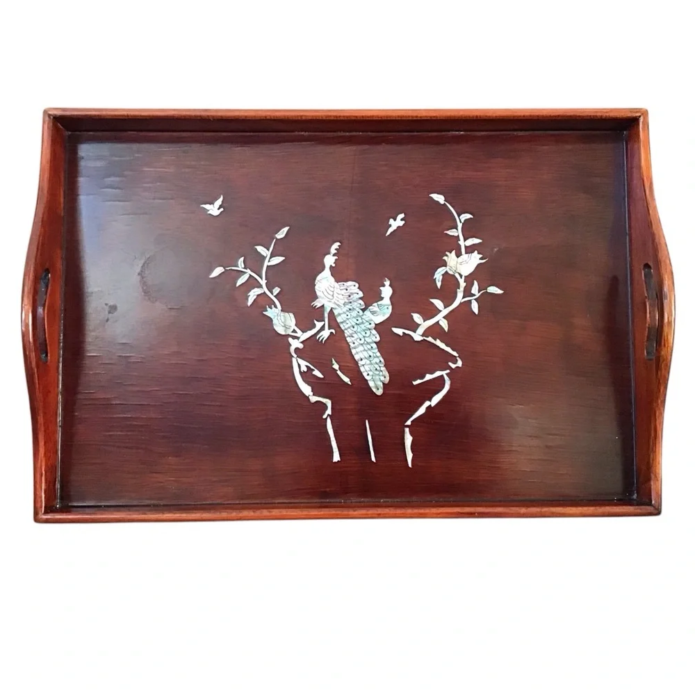 Asian Mahogany Shell Inlay Lacquer Tray Peacocks 17-1/2